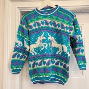 Vintage 80s 90s Heartworks Unicorn Knit sweater  Small Medium  7/8 Novelty Cute